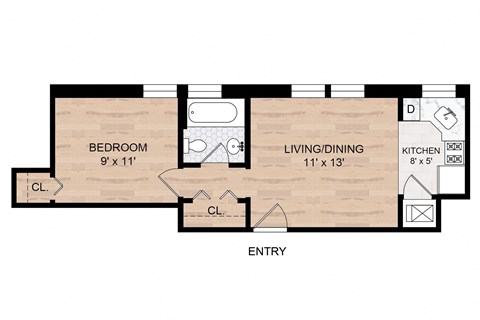 Floor plan for 1 bed, 1 bath, 395 sqft